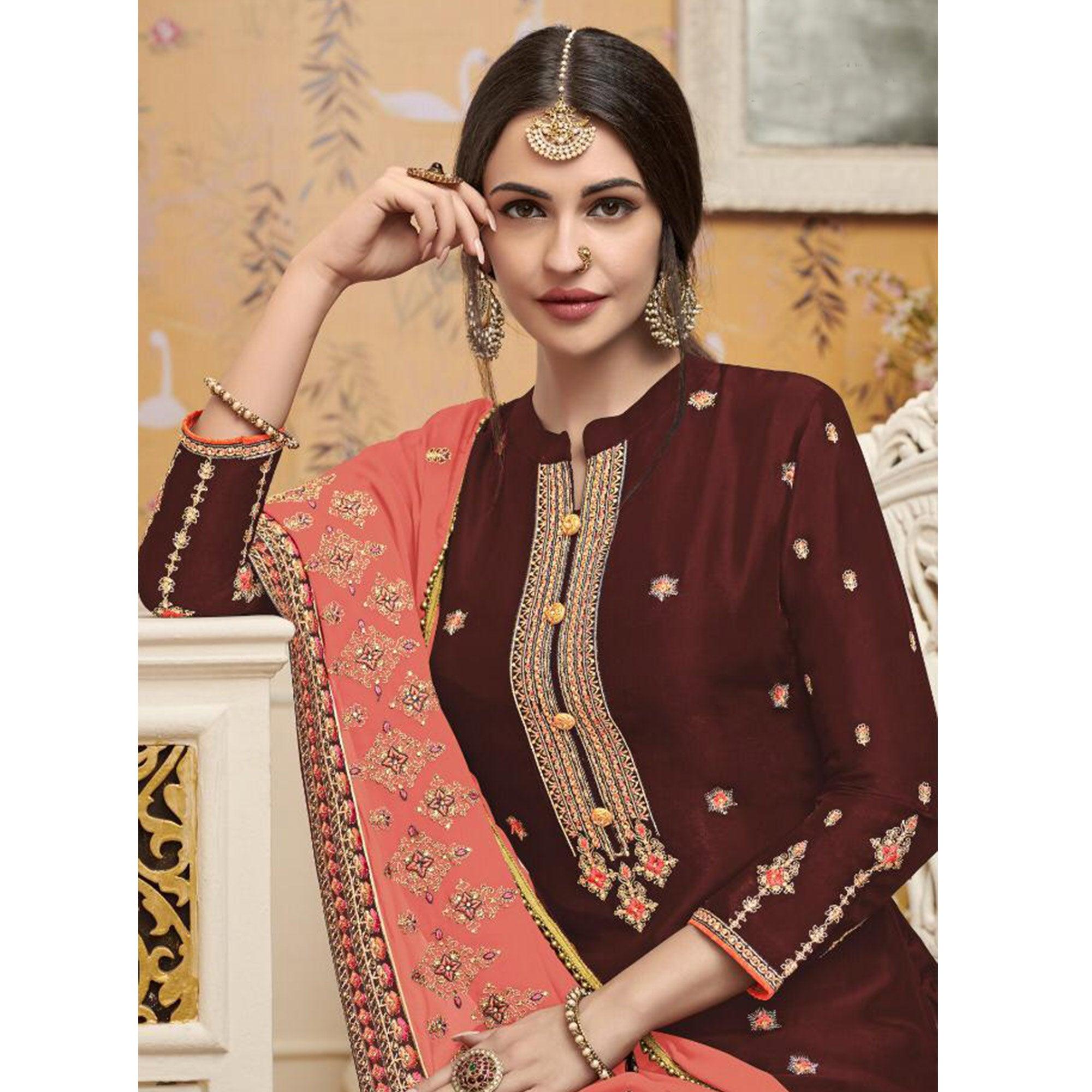 Mesmerising Maroon Colored Partywear Embroidered Crepe Palazzo Suit - Peachmode