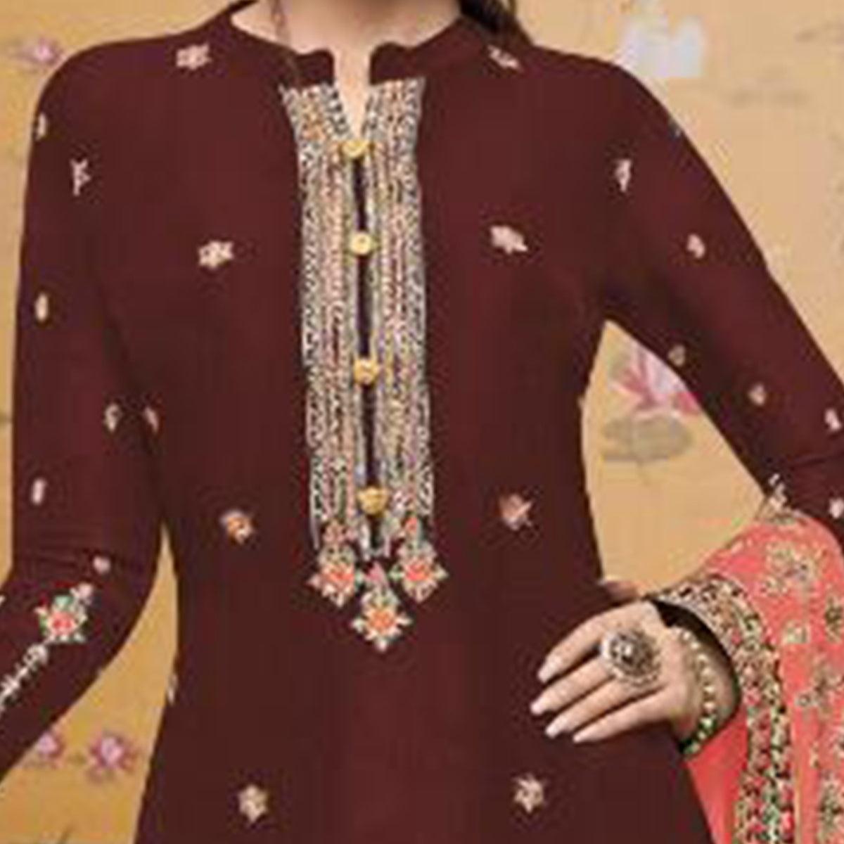 Mesmerising Maroon Colored Partywear Embroidered Crepe Palazzo Suit - Peachmode