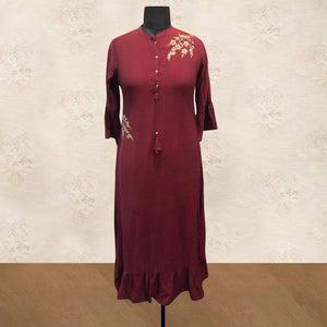 Mesmerising Maroon Colored Partywear Floral Handwork Cotton Long Kurti - Peachmode