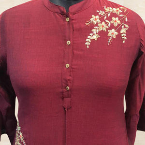 Mesmerising Maroon Colored Partywear Floral Handwork Cotton Long Kurti - Peachmode