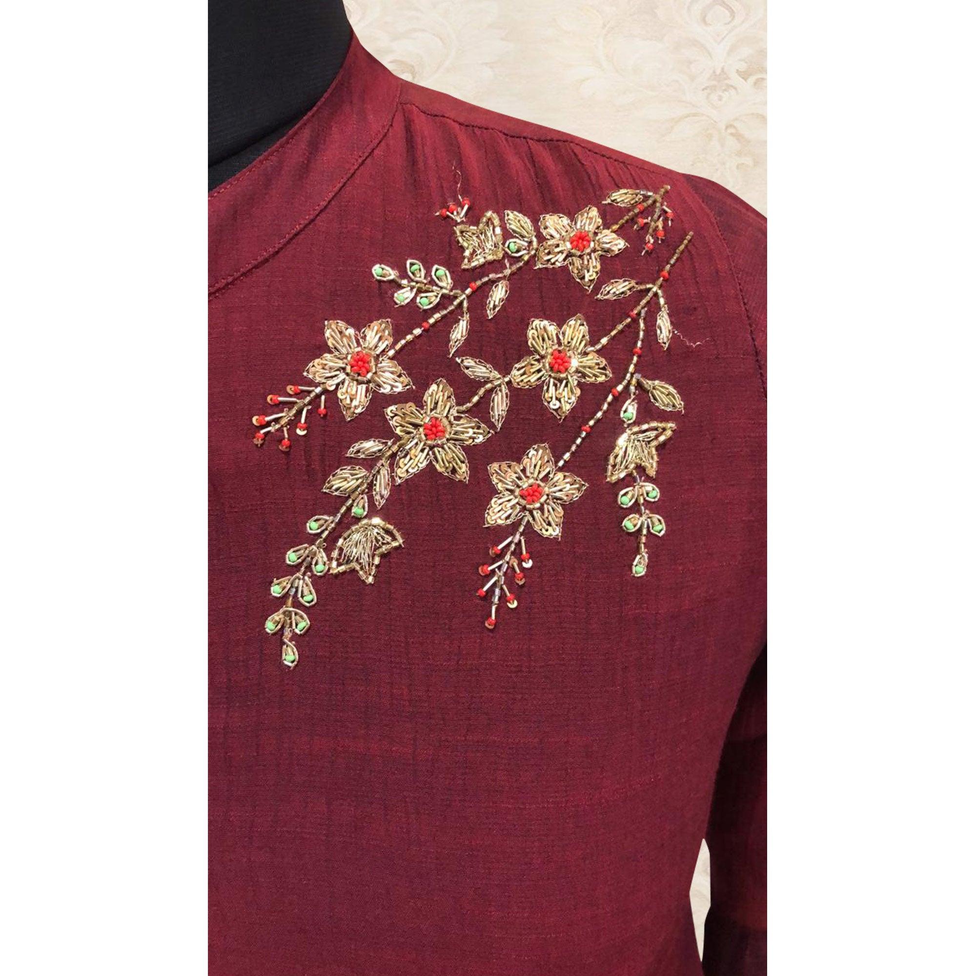 Mesmerising Maroon Colored Partywear Floral Handwork Cotton Long Kurti - Peachmode