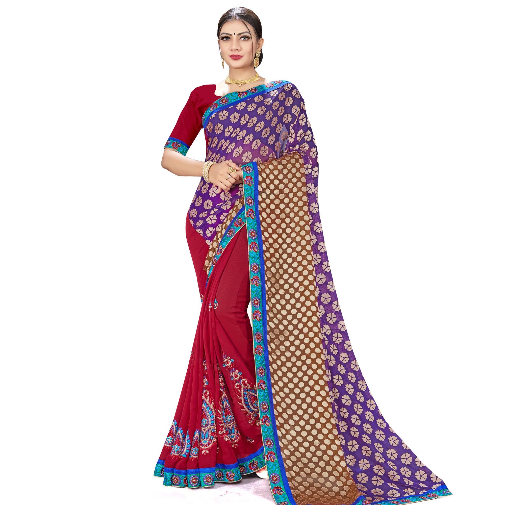 Mesmerising Maroon-Purple Colored Party Wear Embroidered Georgette Half-Half Saree - Peachmode