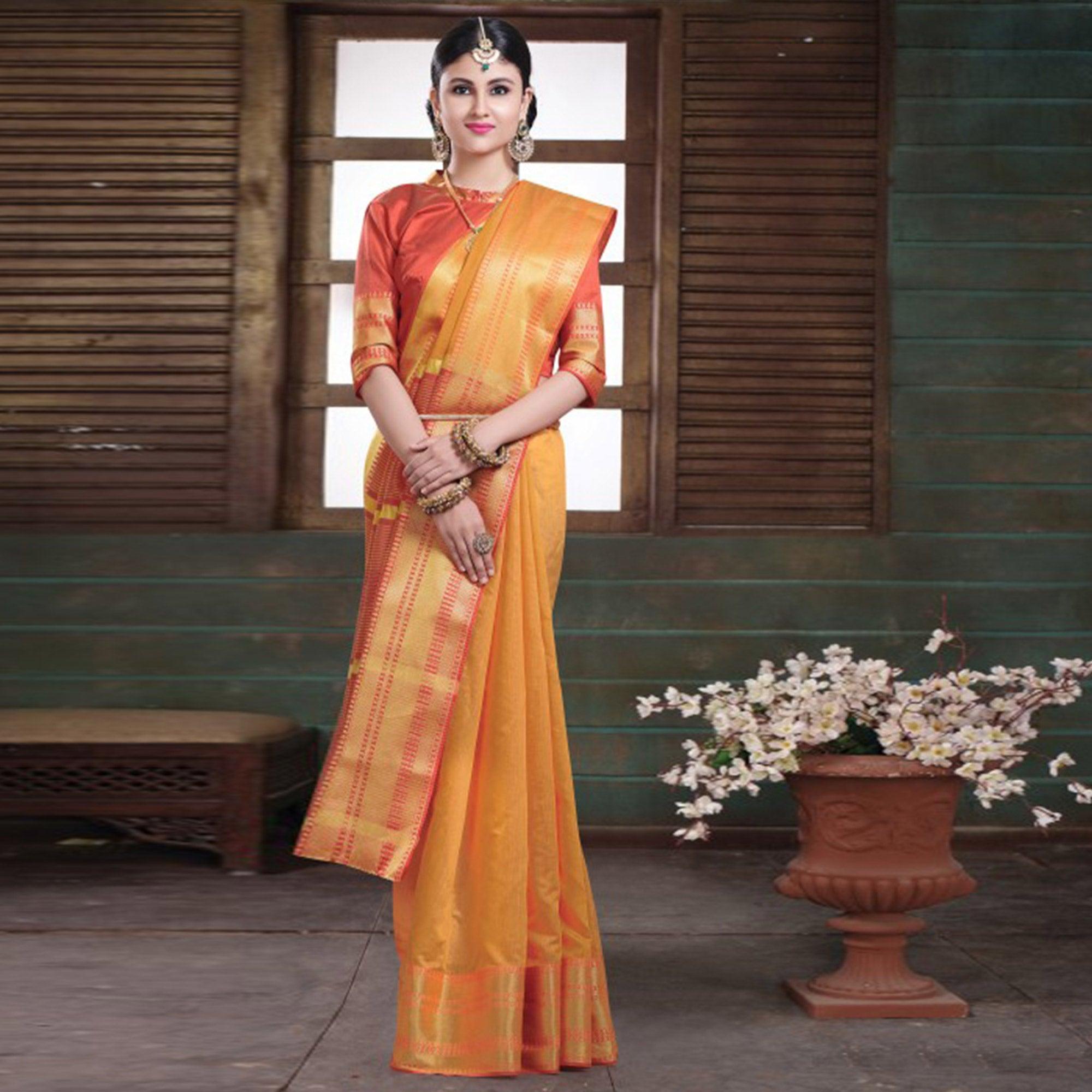 Mesmerising Mustard Yellow Colored Festive Wear Woven Cotton Handloom Saree - Peachmode