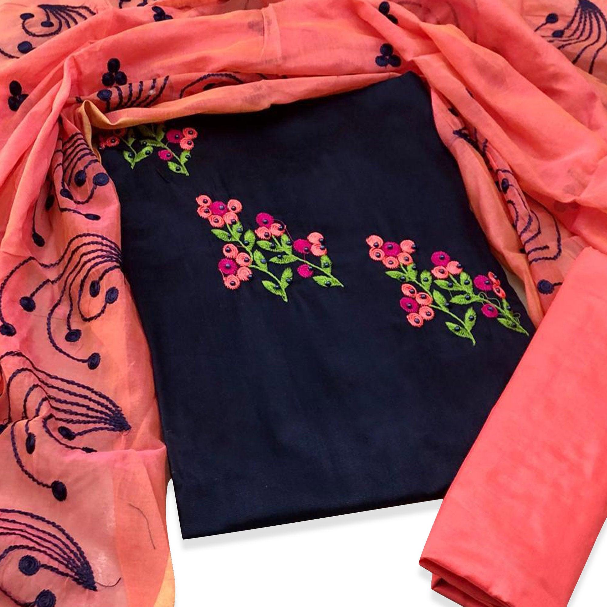 Mesmerising Navy Blue Colored Casual Wear Embroidered Cotton Dress Material - Peachmode