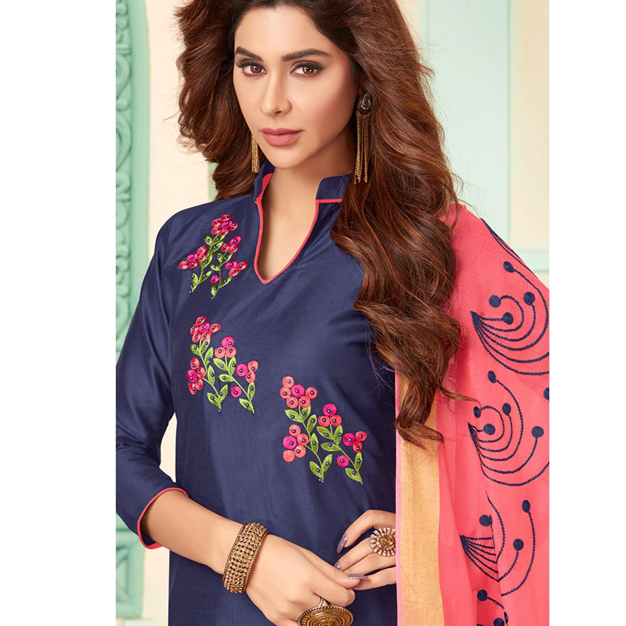 Mesmerising Navy Blue Colored Casual Wear Embroidered Cotton Dress Material - Peachmode