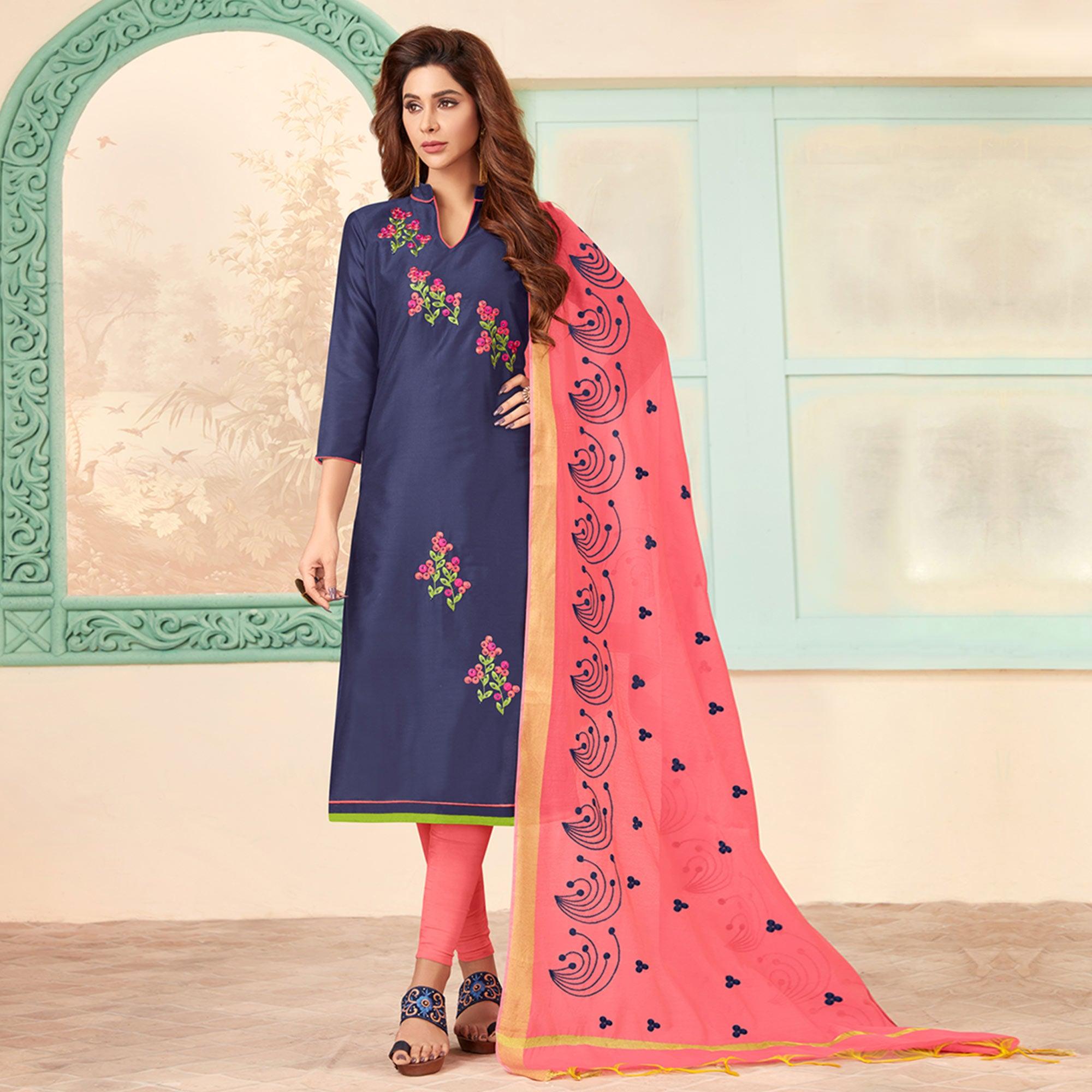 Mesmerising Navy Blue Colored Casual Wear Embroidered Cotton Dress Material - Peachmode