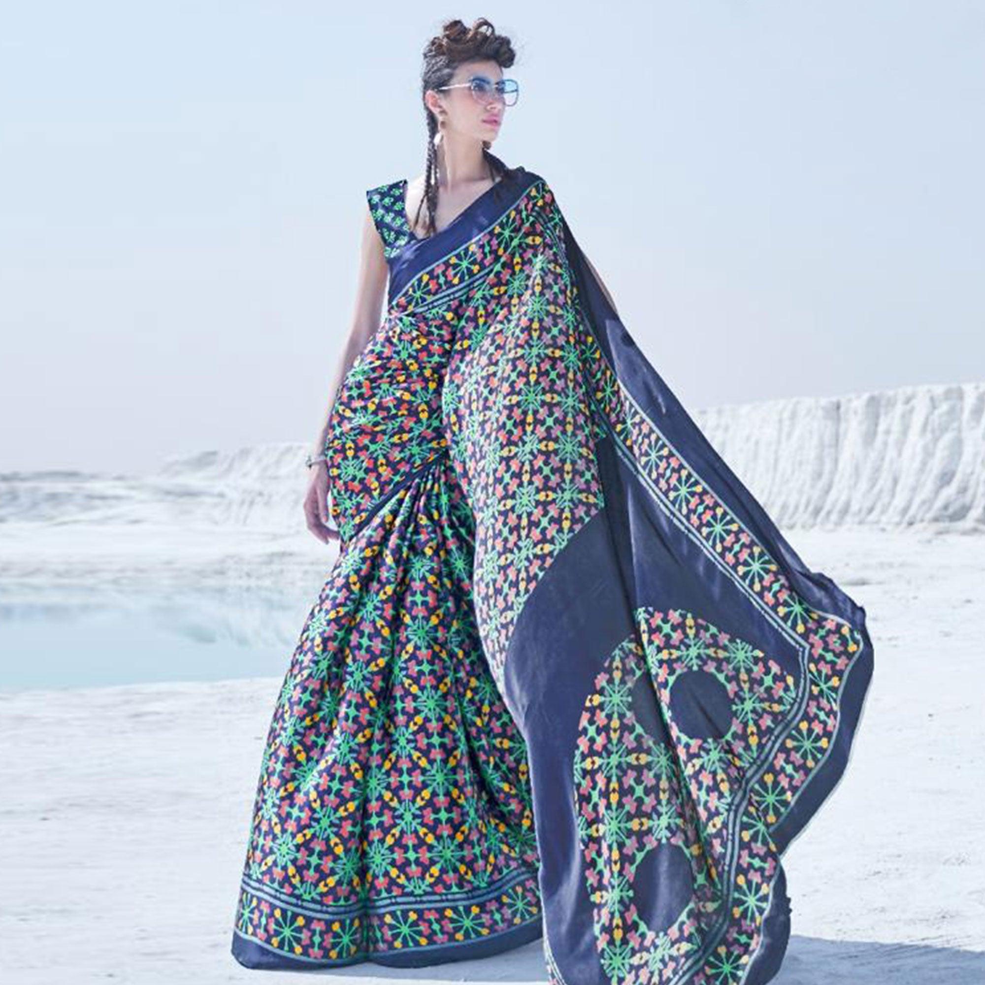 Mesmerising Navy Blue Colored Casual Wear Printed Satin Crepe Saree - Peachmode