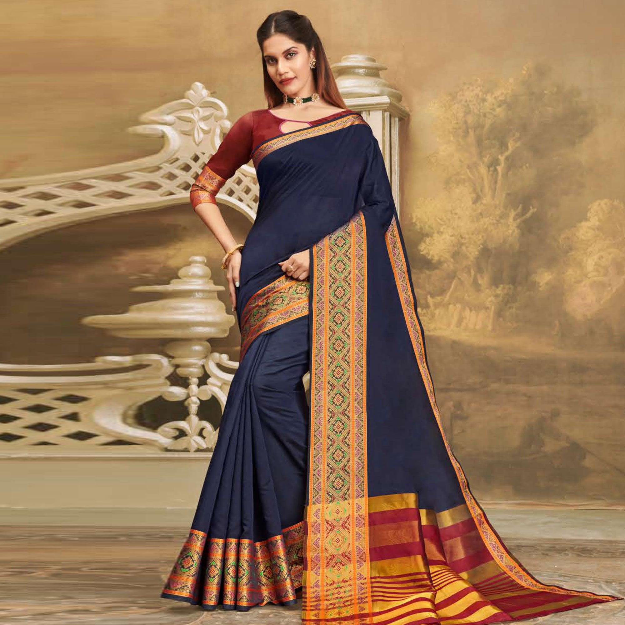 Mesmerising Navy Blue Colored Festive Wear Woven Cotton Handloom Saree - Peachmode