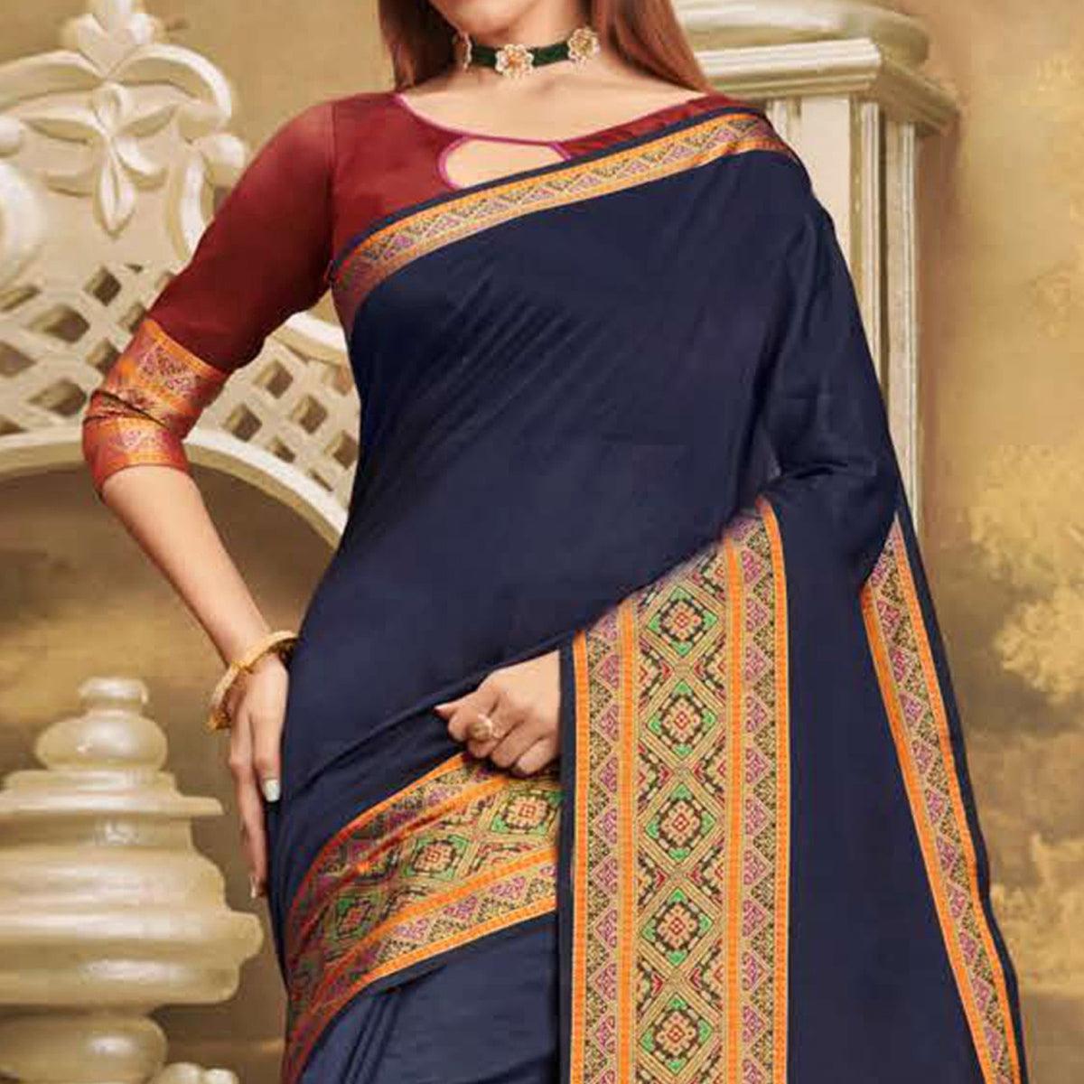 Mesmerising Navy Blue Colored Festive Wear Woven Cotton Handloom Saree - Peachmode