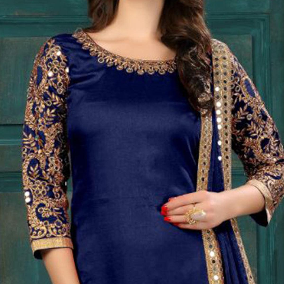 Mesmerising Navy Blue Colored Partywear Embroidered Art Silk Salwar Suit - Peachmode