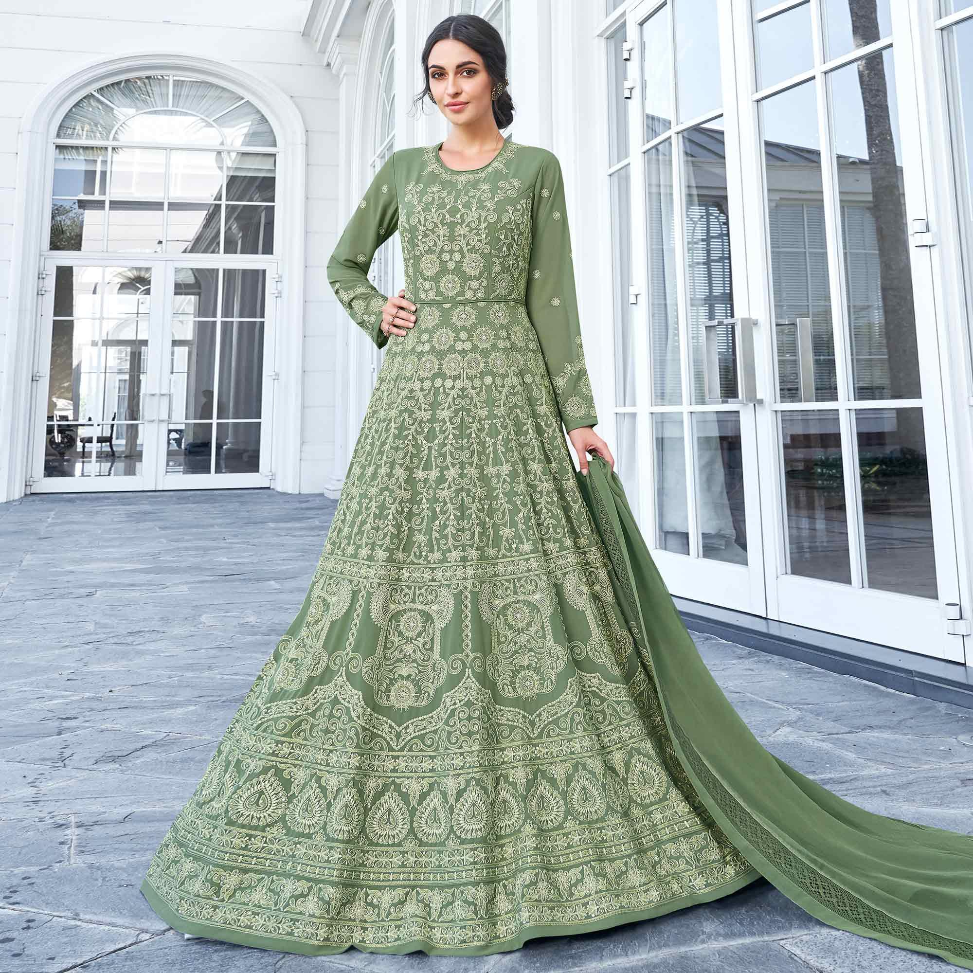 Mesmerising Olive Green Colored Partywear Embroidered Georgette Anarkali Suit - Peachmode