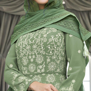 Mesmerising Olive Green Colored Partywear Embroidered Georgette Anarkali Suit - Peachmode
