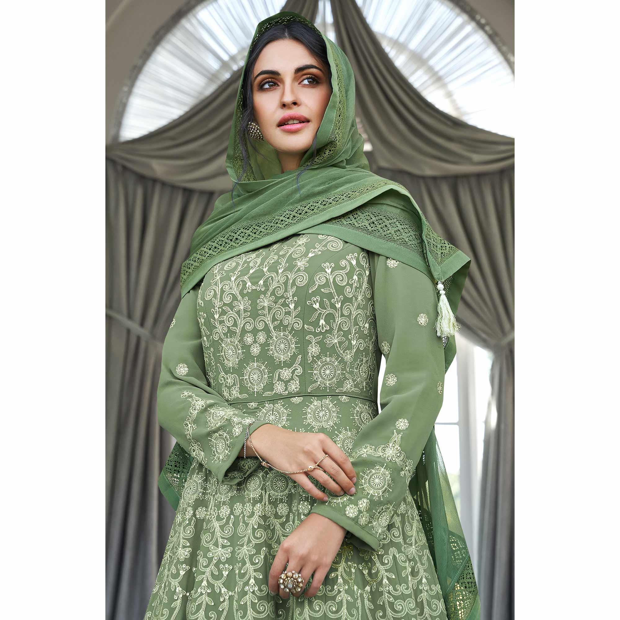Mesmerising Olive Green Colored Partywear Embroidered Georgette Anarkali Suit - Peachmode
