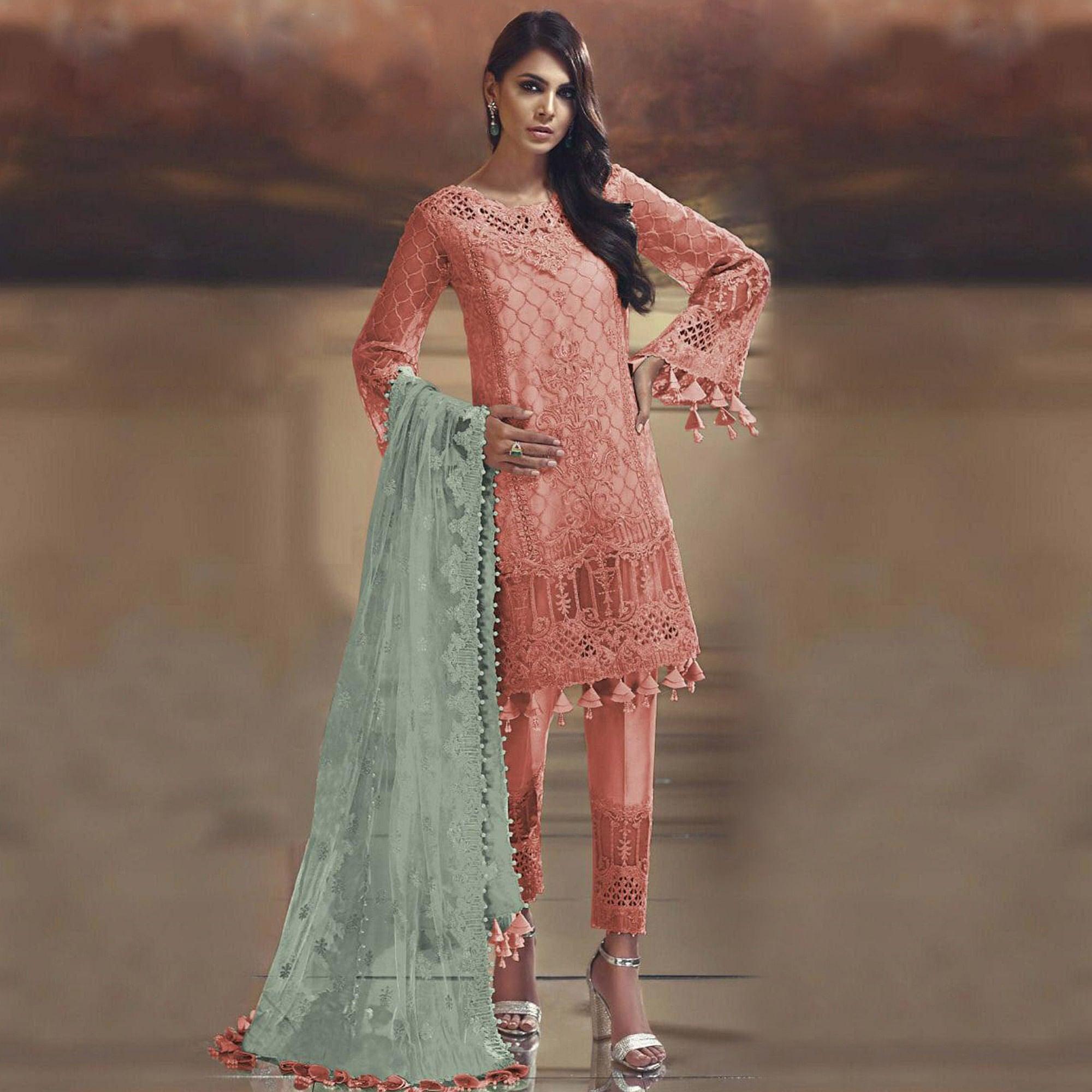 Mesmerising Orange Colored Partywear Embroidered Tissue Silk Straight suit - Peachmode