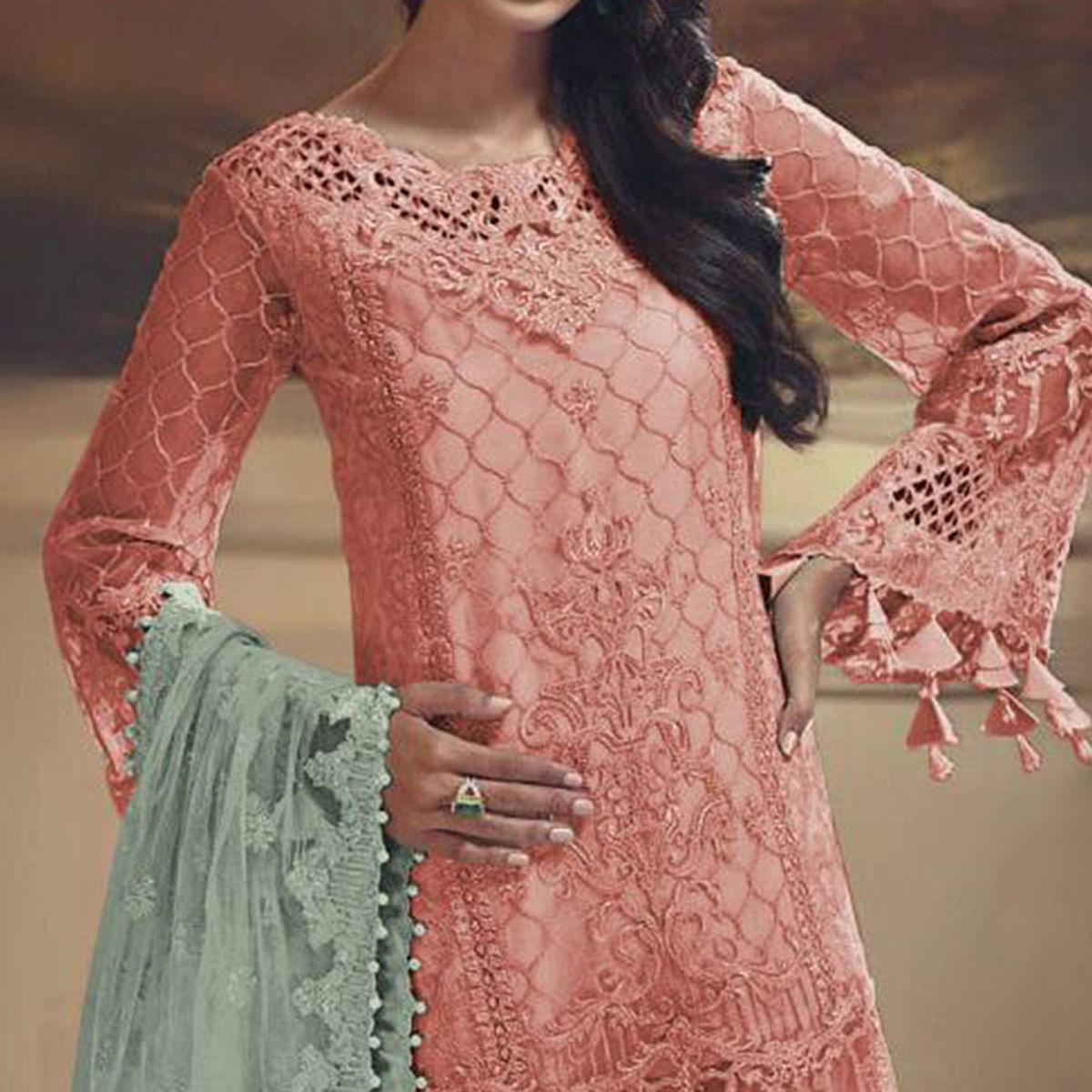 Mesmerising Orange Colored Partywear Embroidered Tissue Silk Straight suit - Peachmode