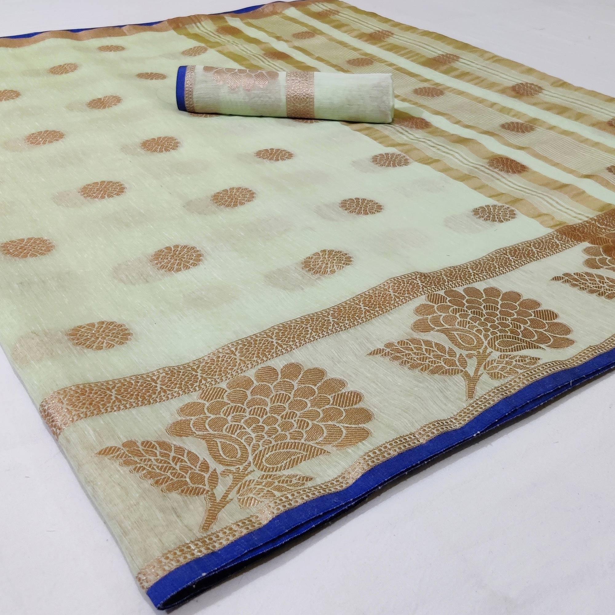 Mesmerising Pastel Green Colored Festive Wear Woven Linen Saree - Peachmode