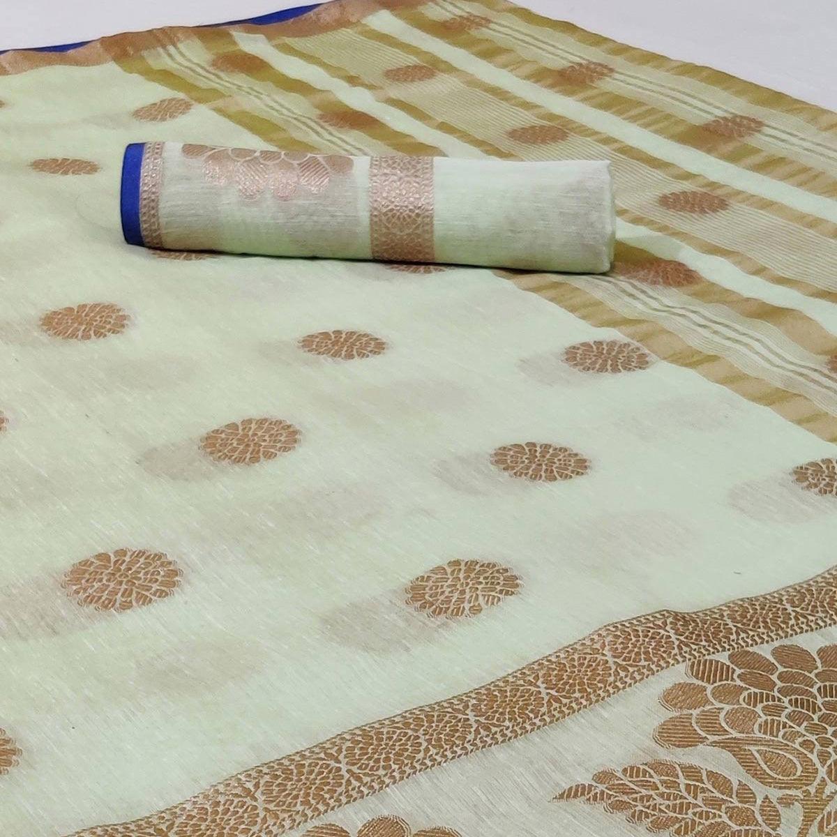 Mesmerising Pastel Green Colored Festive Wear Woven Linen Saree - Peachmode