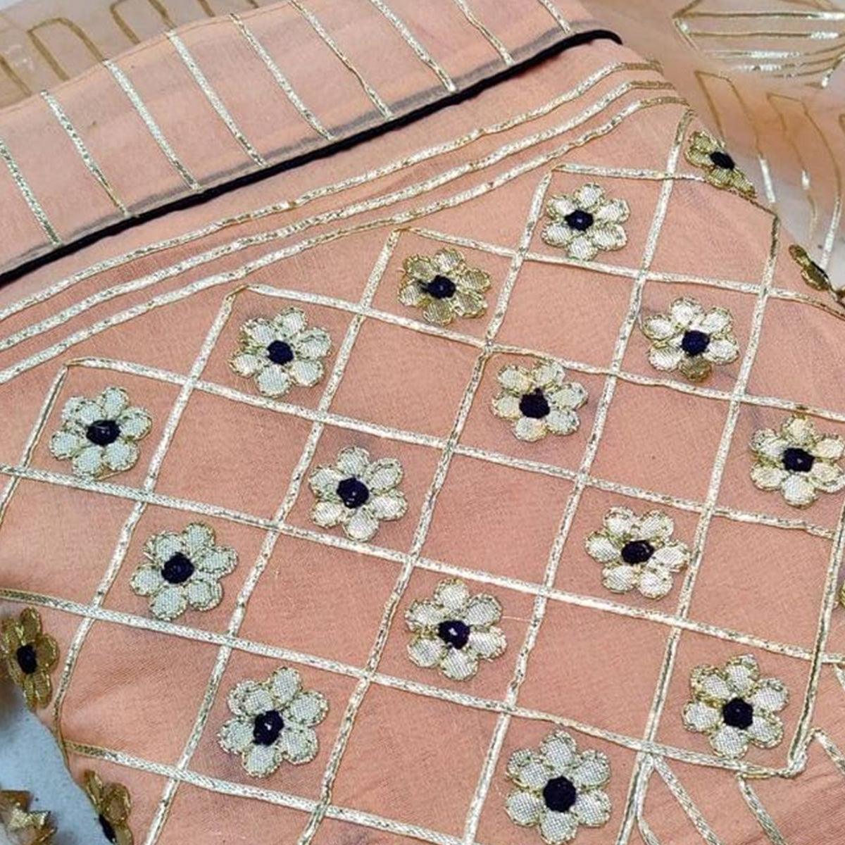 Mesmerising Peach Colored Casual Wear Lace Work Chanderi Dress Material - Peachmode