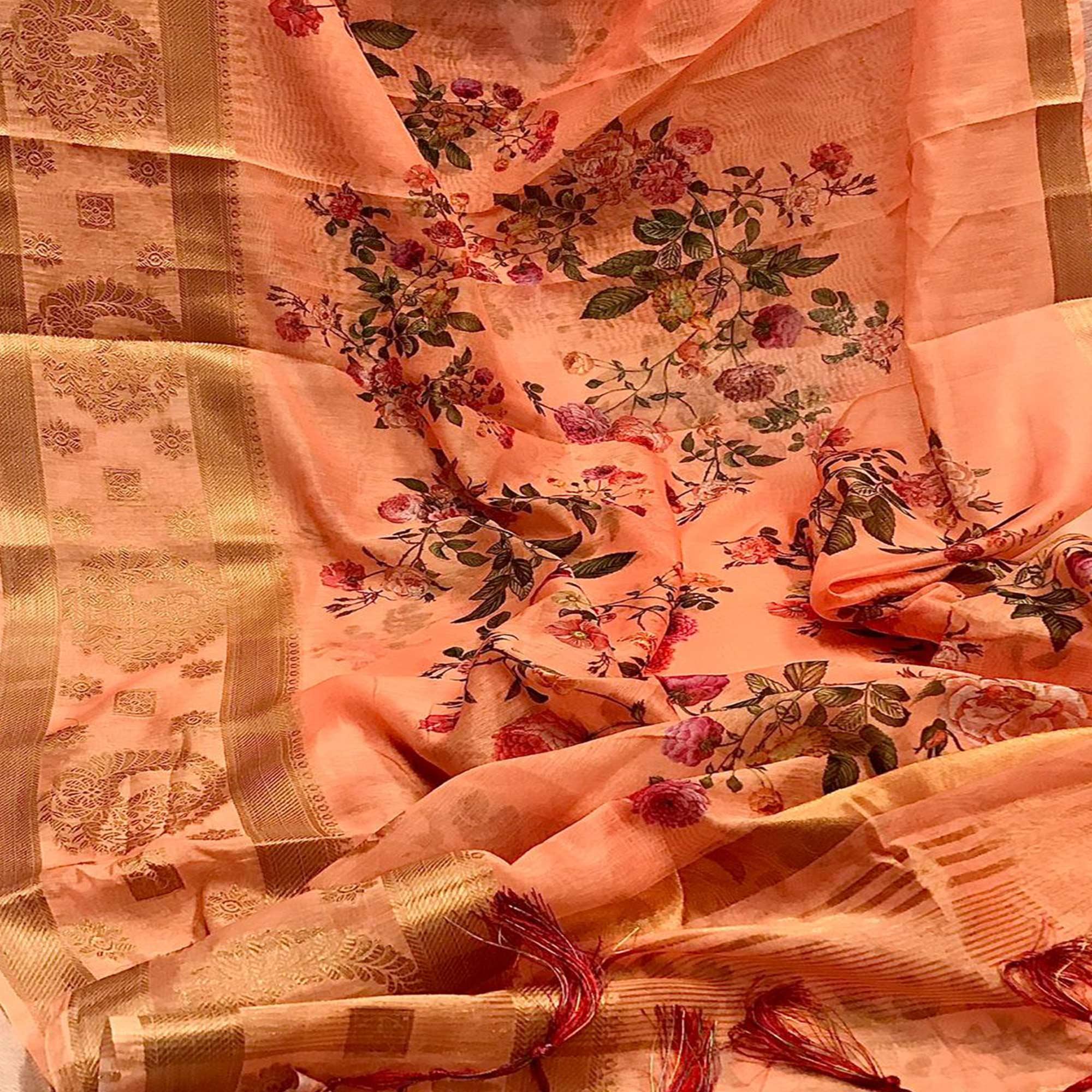 Mesmerising Peach Colored Festive Wear Woven Banarasi Silk Saree - Peachmode
