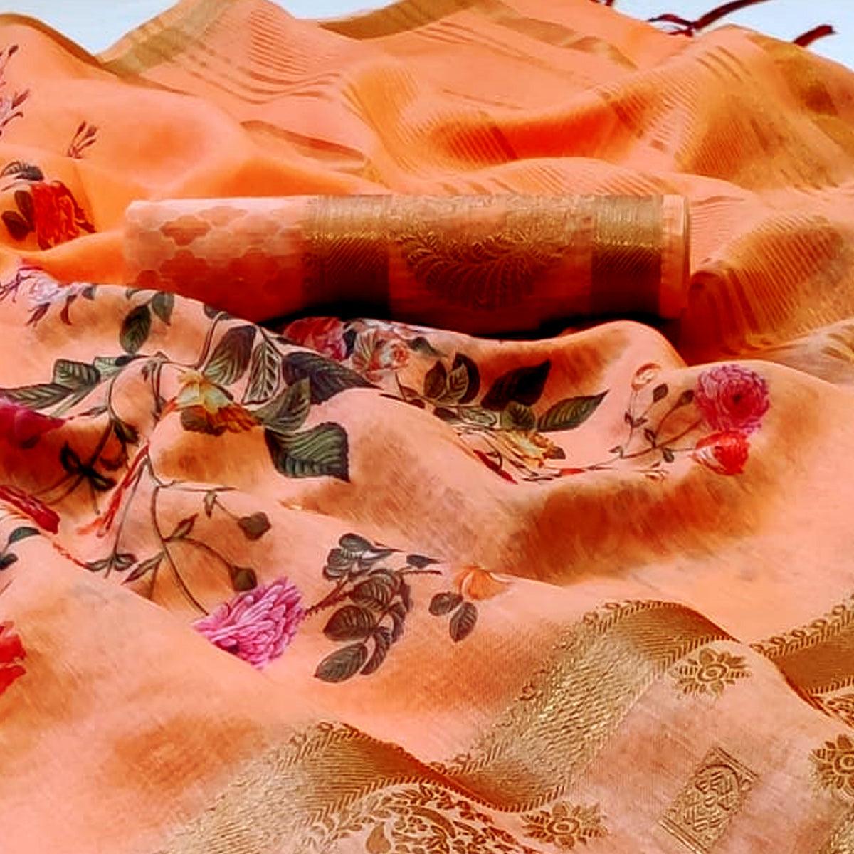Mesmerising Peach Colored Festive Wear Woven Banarasi Silk Saree - Peachmode