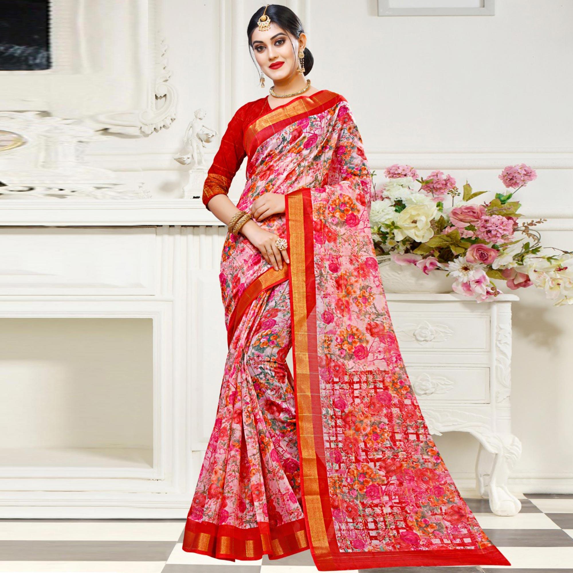 Mesmerising Pink Colored Casual Floral Printed Cotton Saree - Peachmode