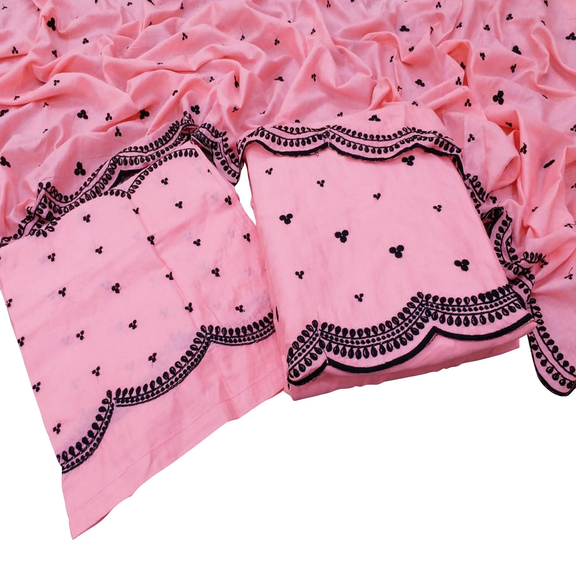 Mesmerising Pink Colored Casual Wear Embroidered Cotton Dress Material - Peachmode