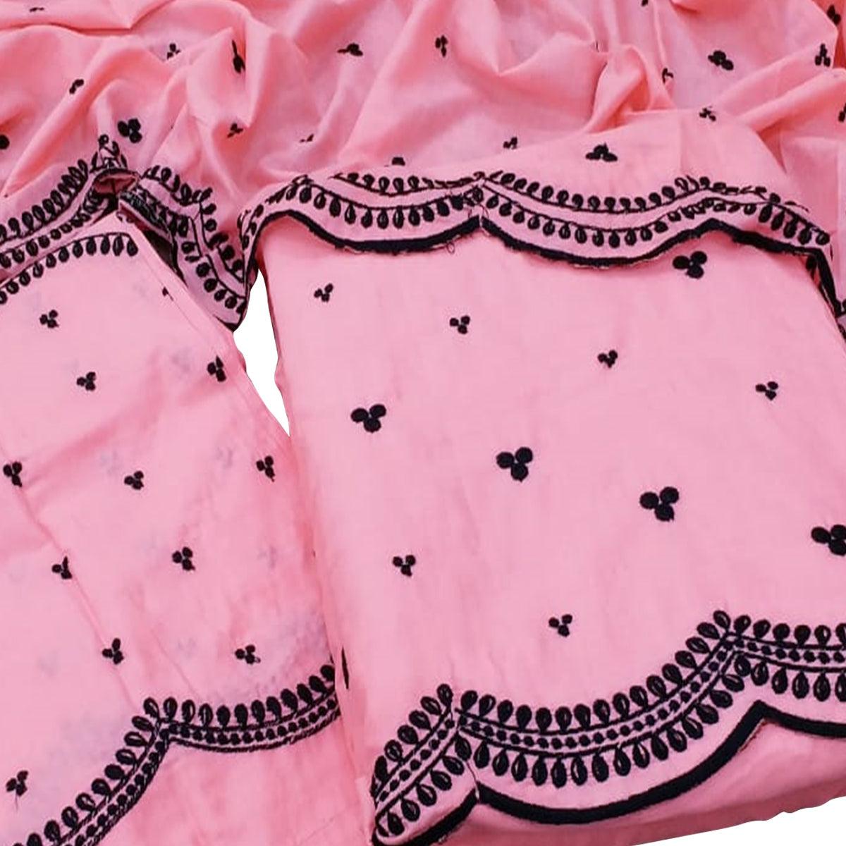 Mesmerising Pink Colored Casual Wear Embroidered Cotton Dress Material - Peachmode