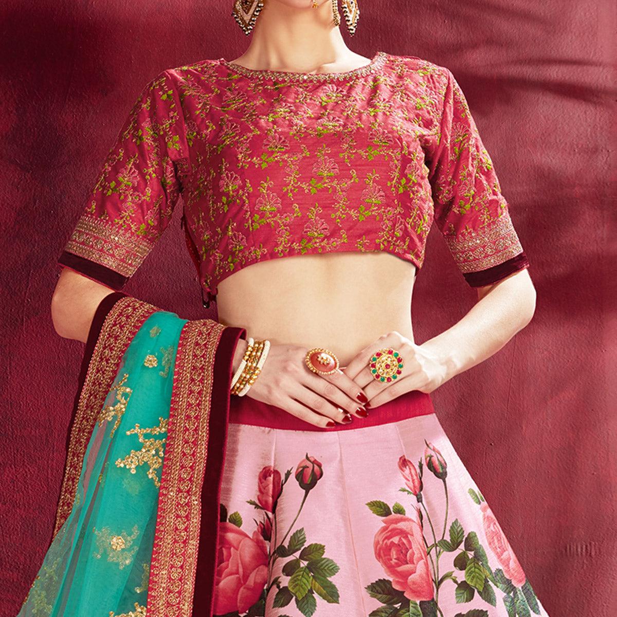 Mesmerising Pink Colored Designer Digital Print And Embroidered Banglori Silk Lehenga Choli - Peachmode