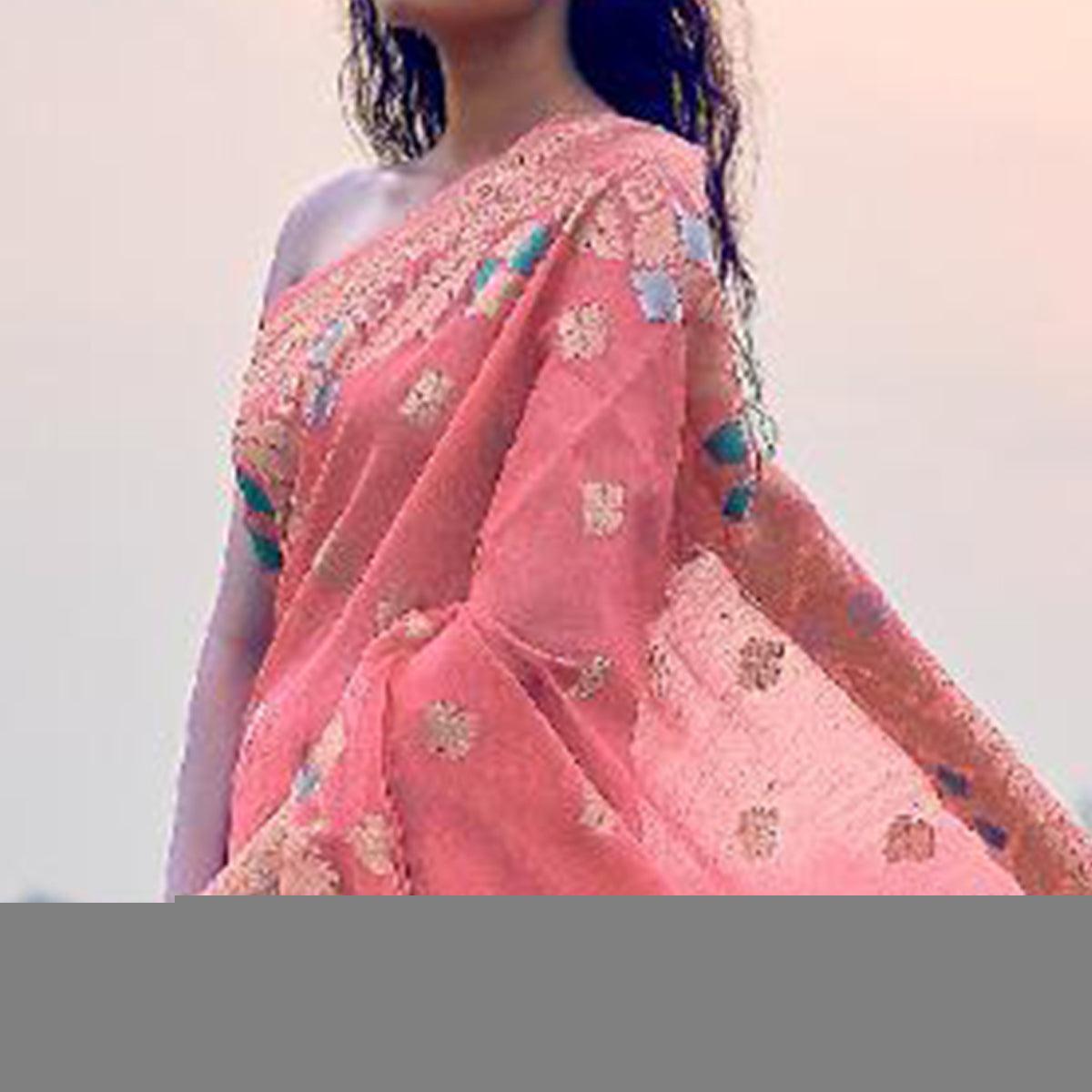 Mesmerising Pink Colored Festive Wear Woven Pure Linen Silk Saree - Peachmode