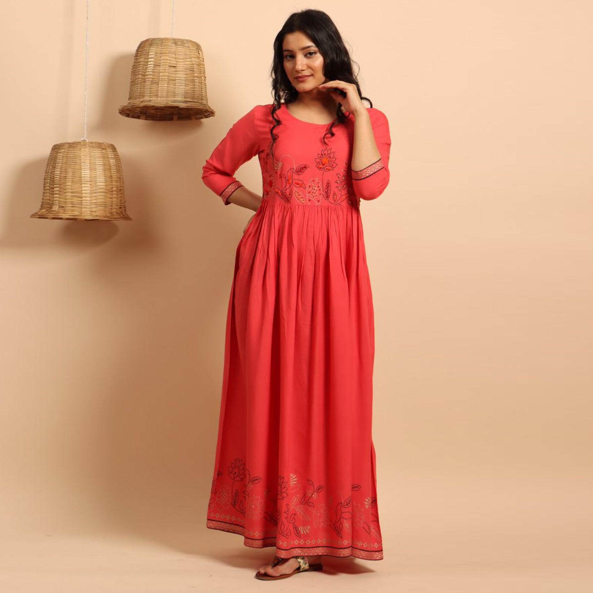 Mesmerising Pink Colored Partywear Embroidered Rayon Long Kurti - Peachmode