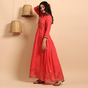 Mesmerising Pink Colored Partywear Embroidered Rayon Long Kurti - Peachmode