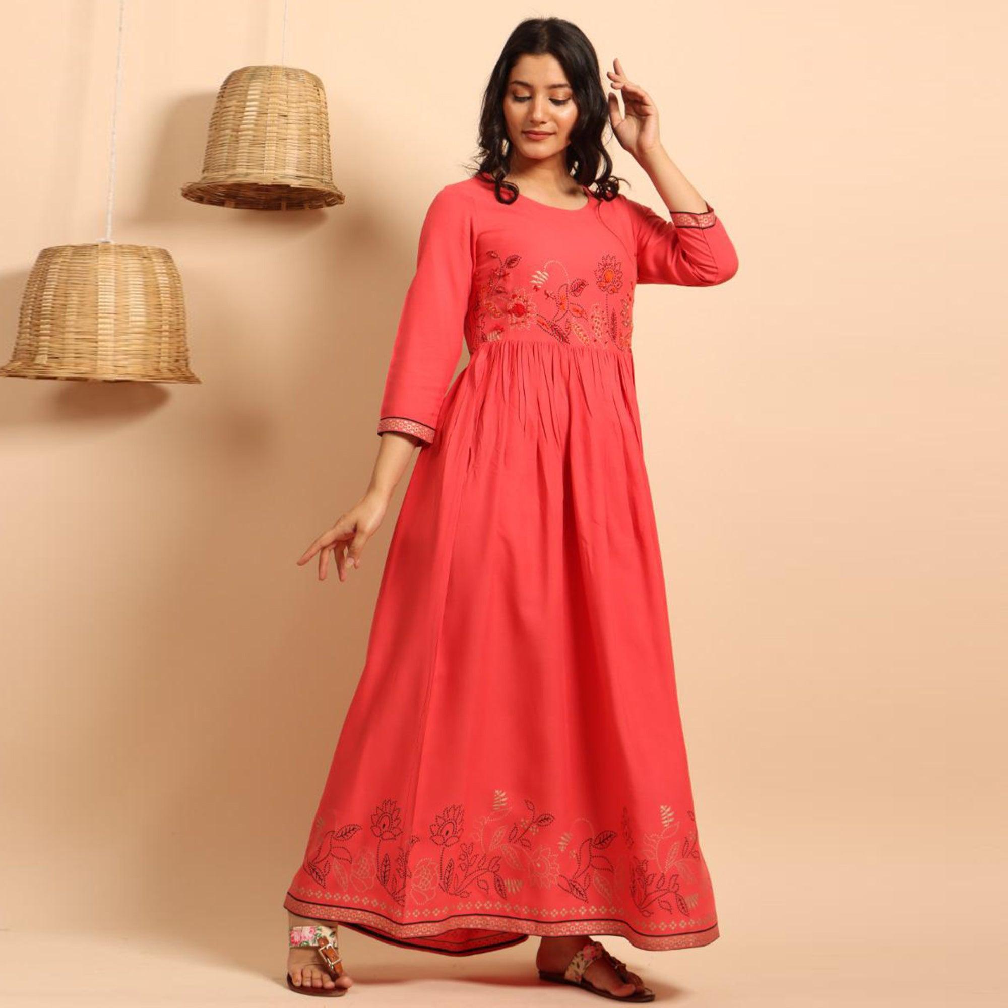 Mesmerising Pink Colored Partywear Embroidered Rayon Long Kurti - Peachmode
