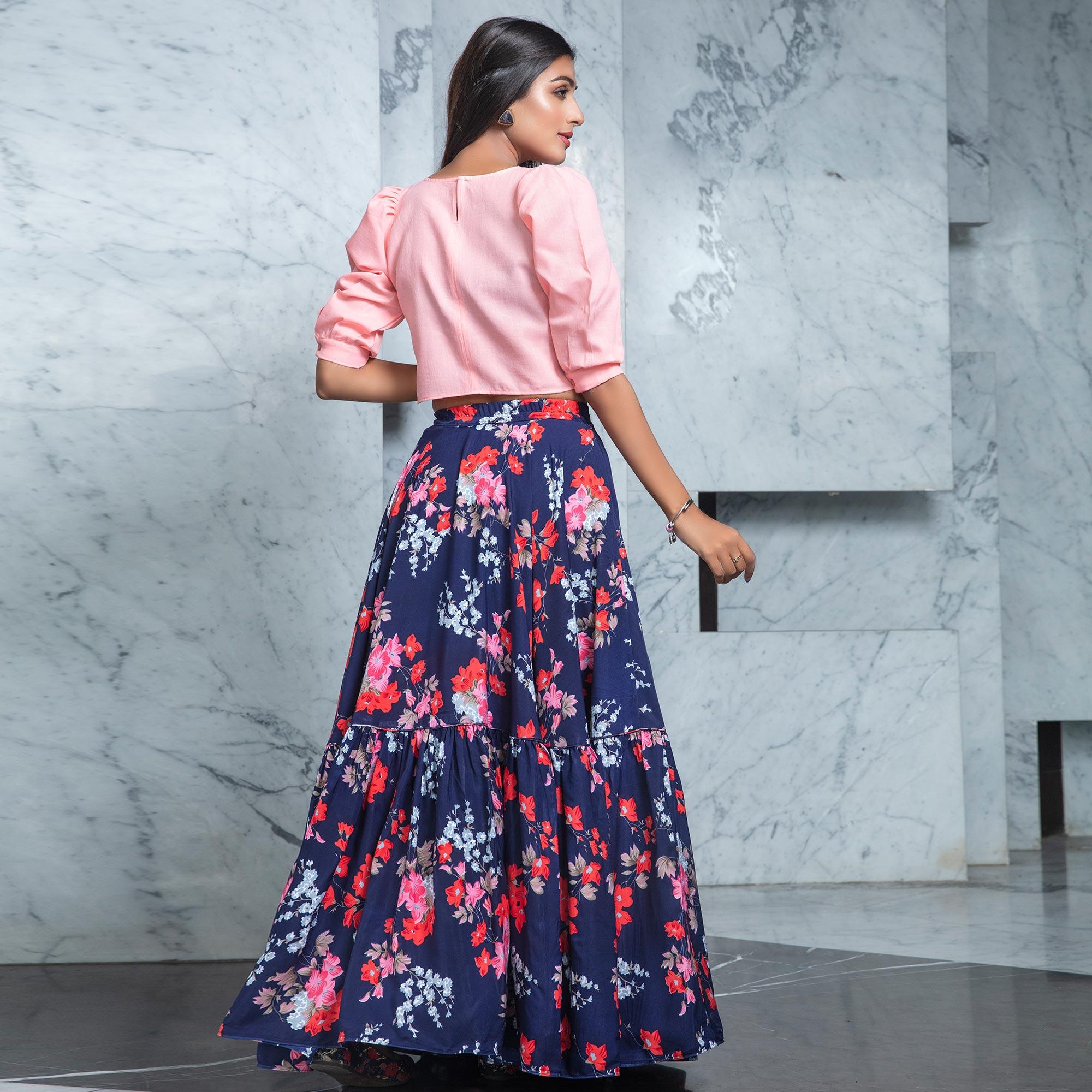 Mesmerising Pink - Navy Blue Colored Partywear Printed Cotton Top-Skirt Set - Peachmode