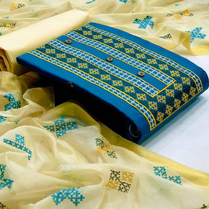 Mesmerising Rama Green Colored Casual Wear Embroidered Cotton Dress Material - Peachmode