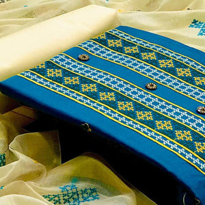 Mesmerising Rama Green Colored Casual Wear Embroidered Cotton Dress Material - Peachmode