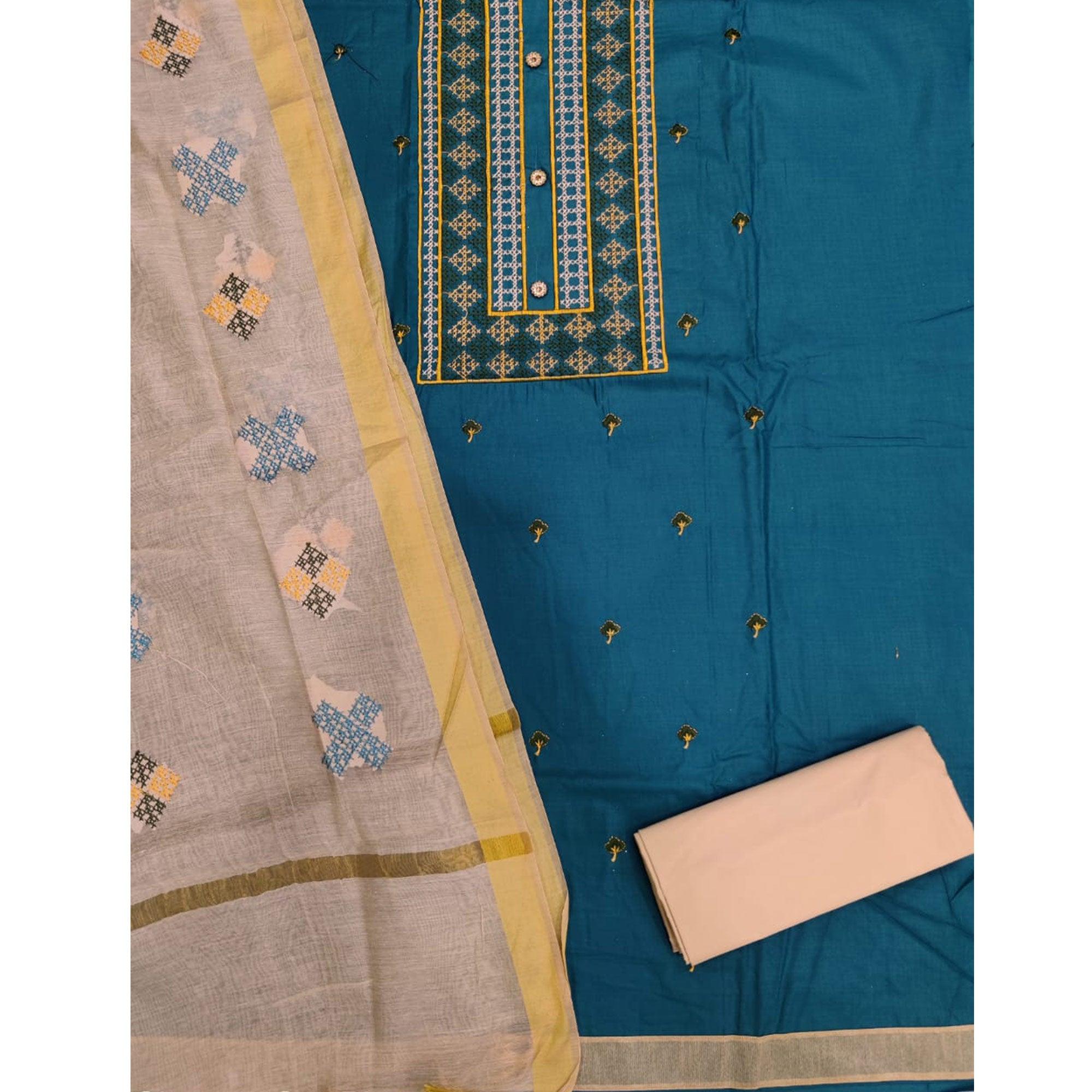 Mesmerising Rama Green Colored Casual Wear Embroidered Cotton Dress Material - Peachmode