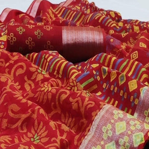 Mesmerising Red Colored Casual Wear Printed Heavy Linen Saree - Peachmode