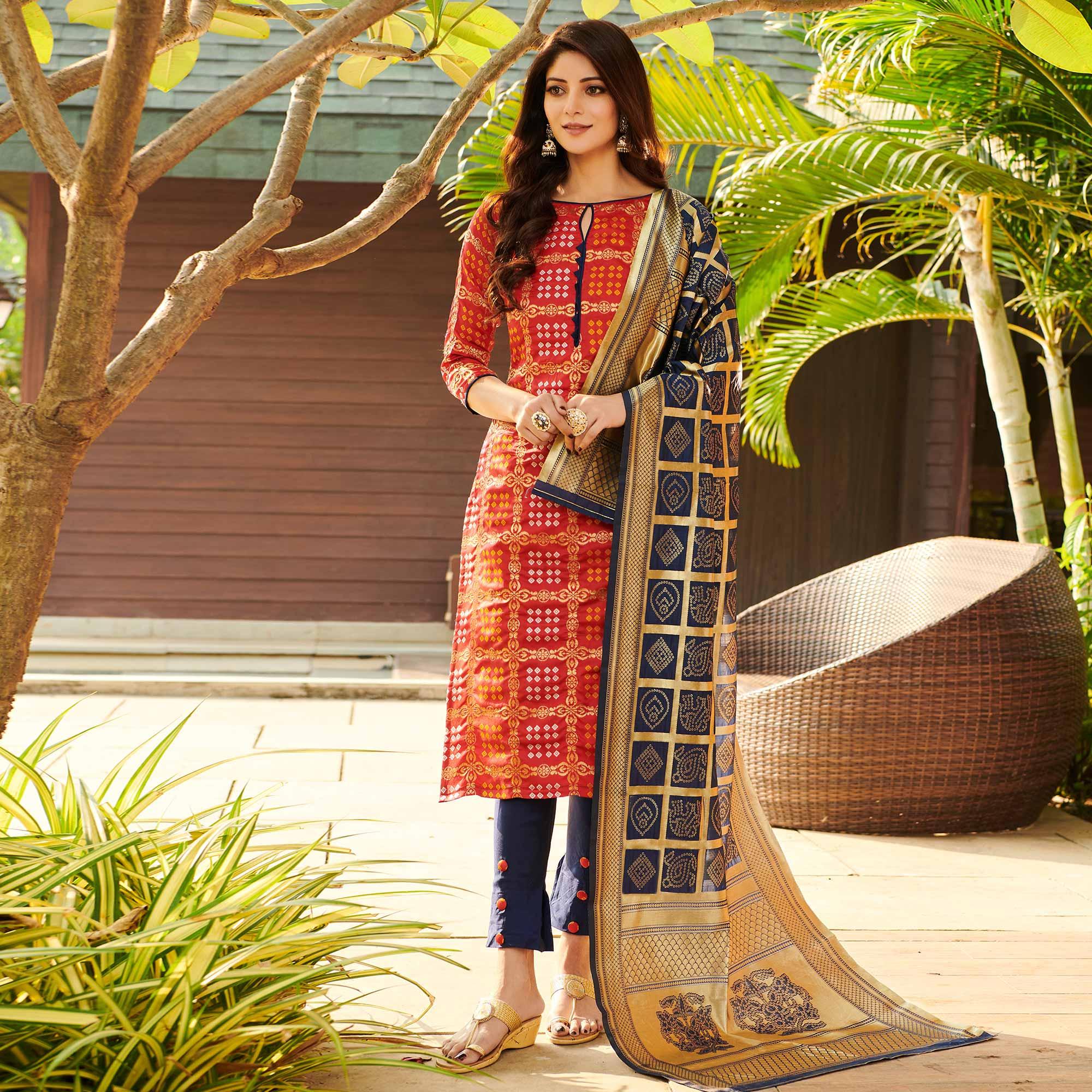 Mesmerising Red Colored Casual Wear Woven Jacquard Silk Dress Material - Peachmode