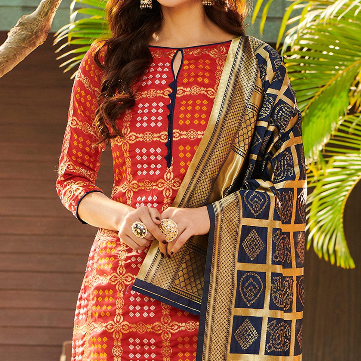 Mesmerising Red Colored Casual Wear Woven Jacquard Silk Dress Material - Peachmode