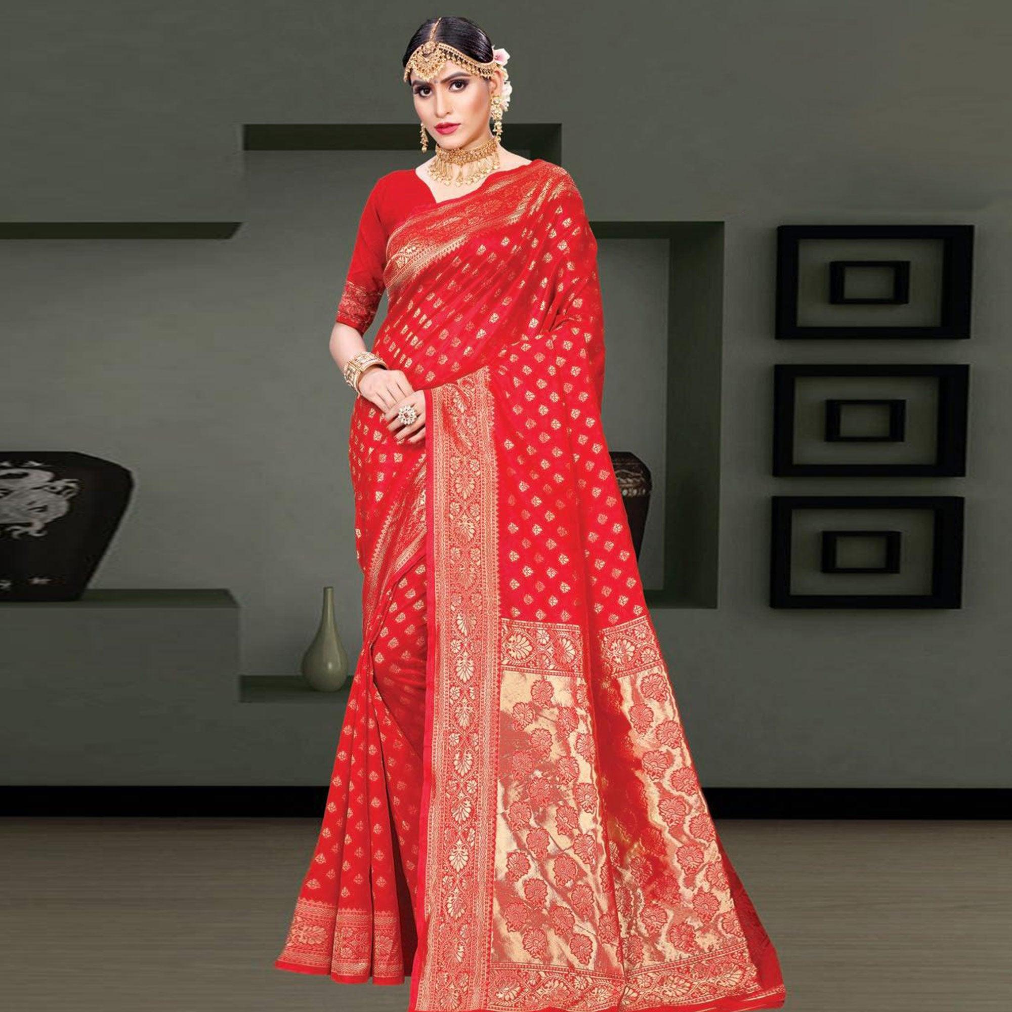 Mesmerising Red Colored Festive Wear Woven Art Silk Saree - Peachmode