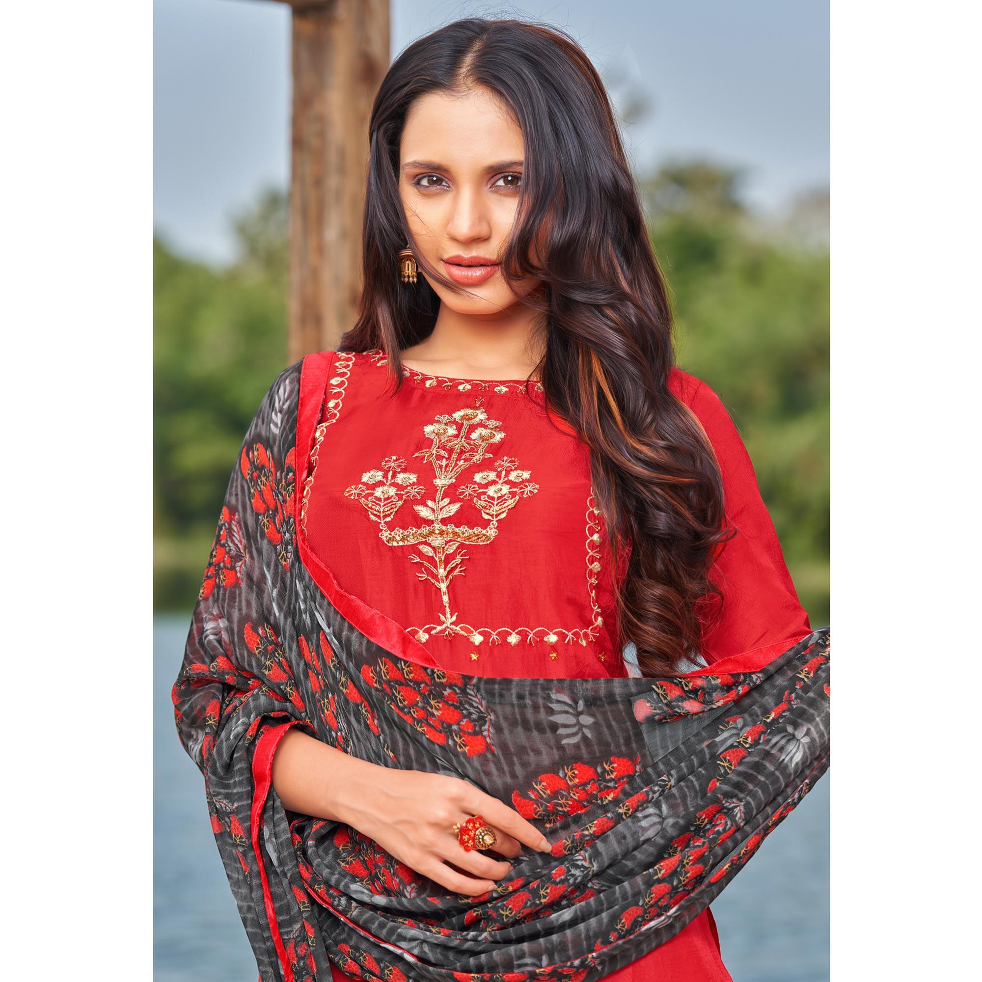 Mesmerising Red Colored Partywear Embroidered Modal Cotton Dress Material - Peachmode