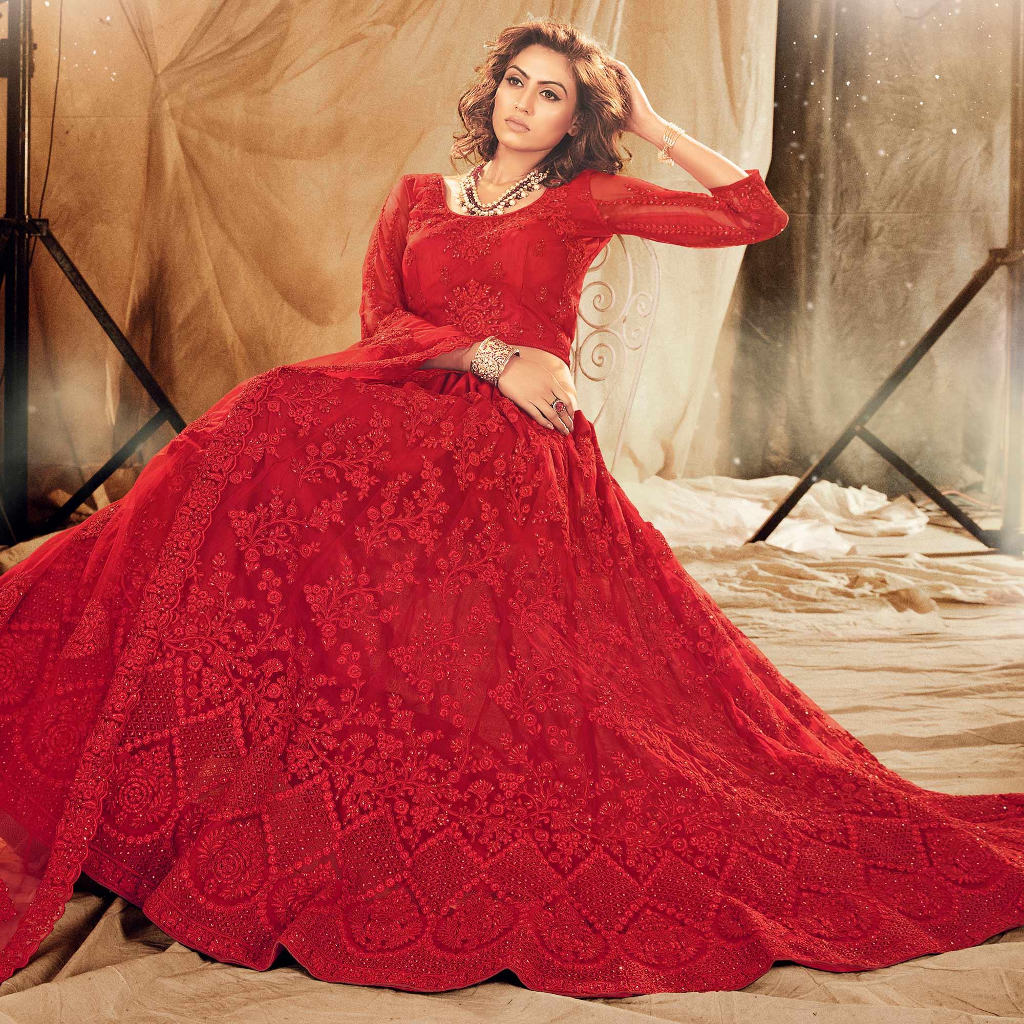 Mesmerising Red Colored Wedding Wear Embroidered Net Lehenga Choli - Peachmode