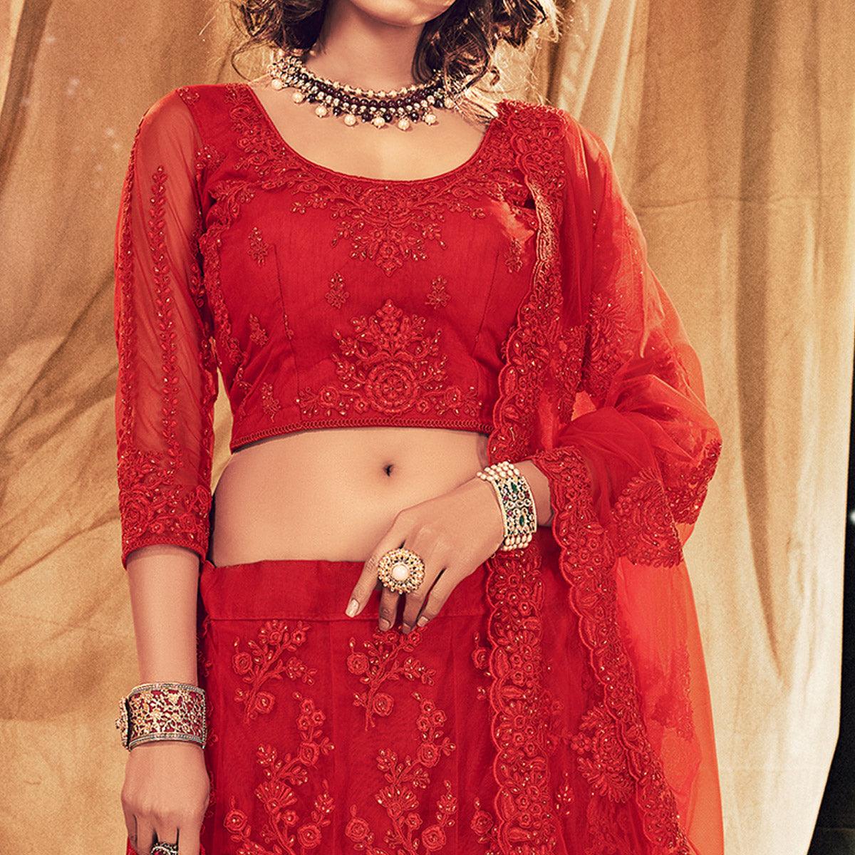 Mesmerising Red Colored Wedding Wear Embroidered Net Lehenga Choli - Peachmode