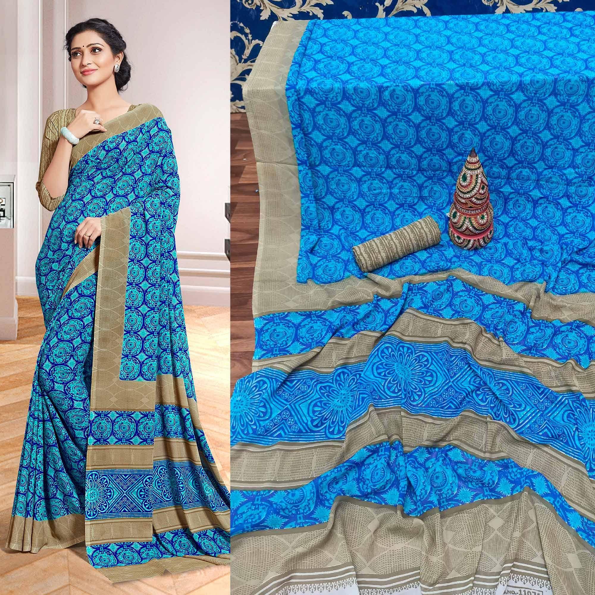 Mesmerising Sky Blue Colored Casual Printed Georgette Saree - Peachmode