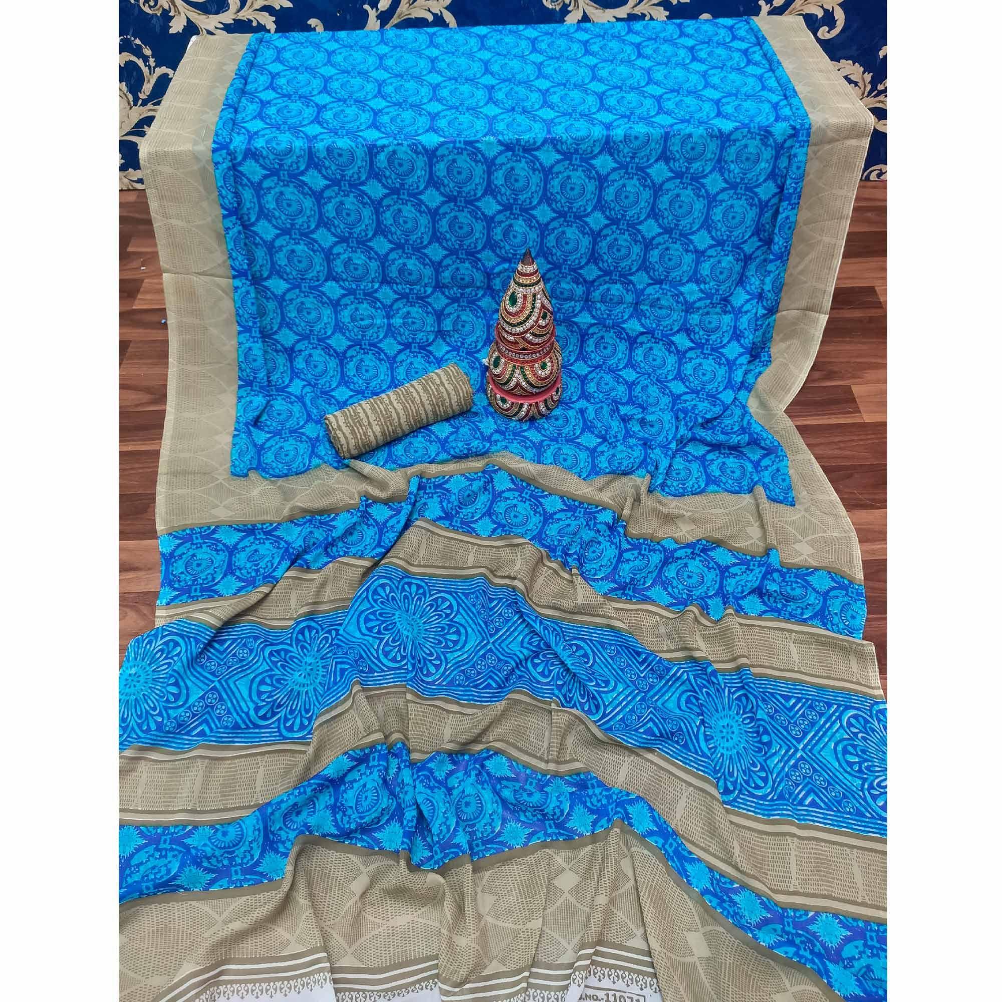 Mesmerising Sky Blue Colored Casual Printed Georgette Saree - Peachmode