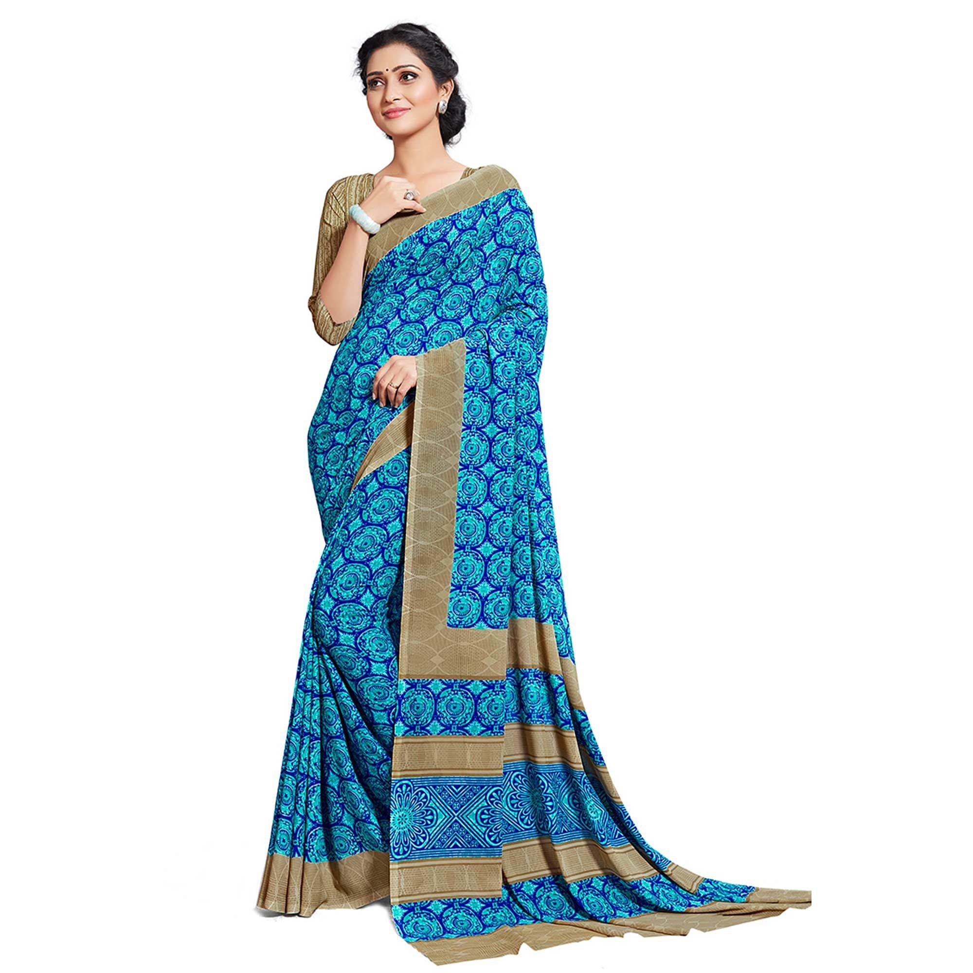 Mesmerising Sky Blue Colored Casual Printed Georgette Saree - Peachmode