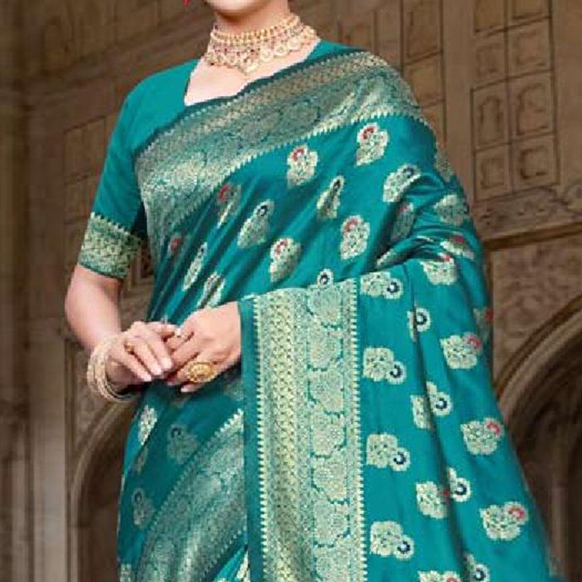 Mesmerising Turquoise Green Colored Festive Wear Woven Art Silk Saree - Peachmode