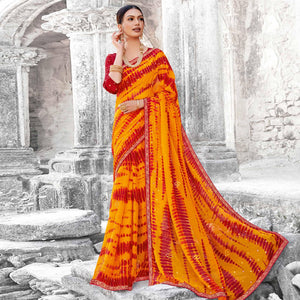 Mesmerising Yellow & Red Coloured Partywear Embellished Chiffon Saree - Peachmode