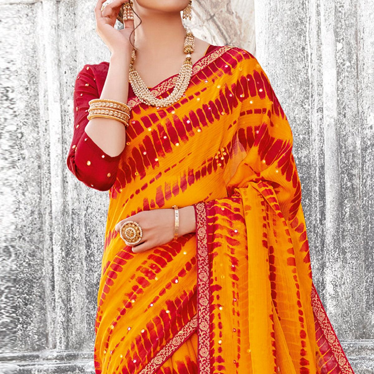 Mesmerising Yellow & Red Coloured Partywear Embellished Chiffon Saree - Peachmode
