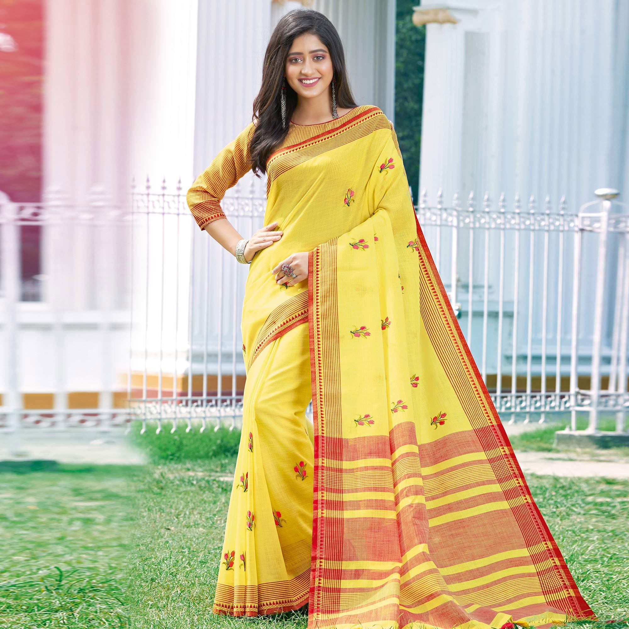 Mesmerising Yellow Colored Casual Wear Printed Linen Cotton Saree - Peachmode
